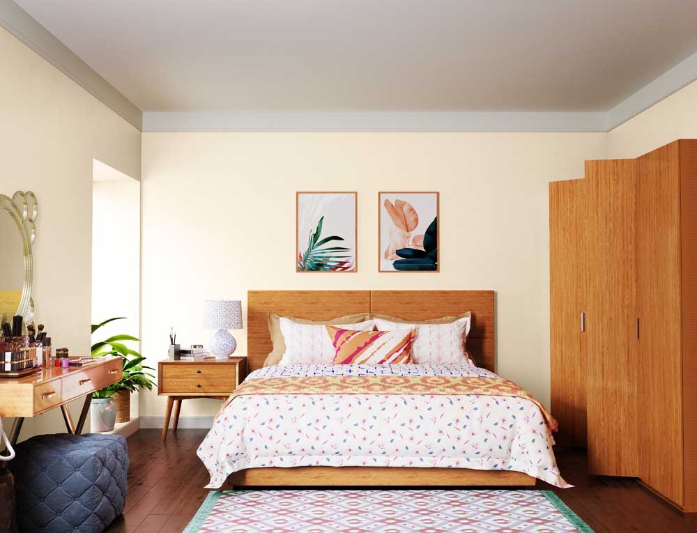 Platform Bed with Warm Beige Walls and Navy Tufted Pouf