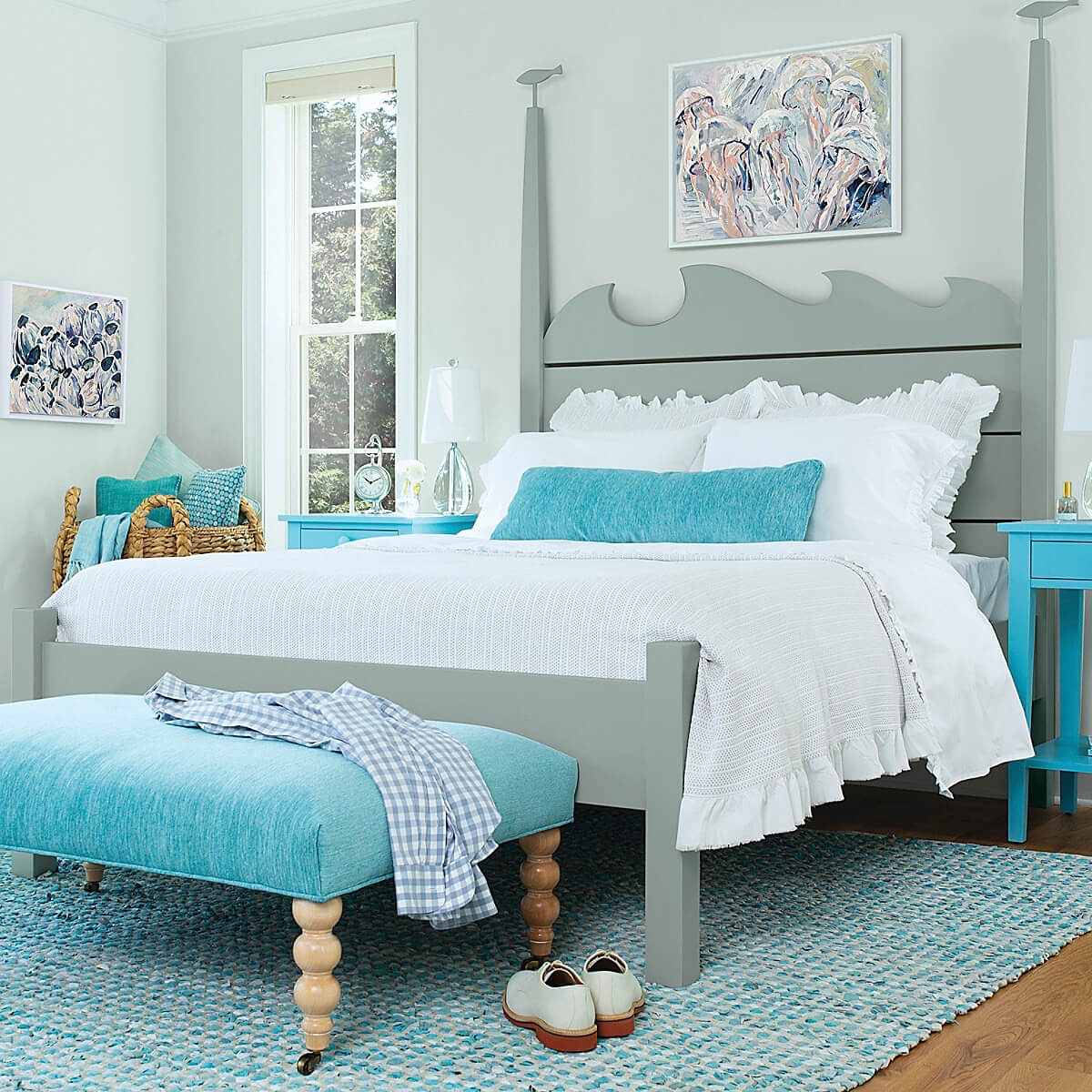Platform Bed with Wave Shaped Headboard and Seafoam Gray Finish