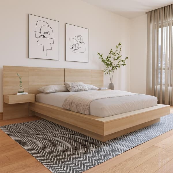 Platform Bedroom Set: Blonde Oak Floating Nightstand Frame