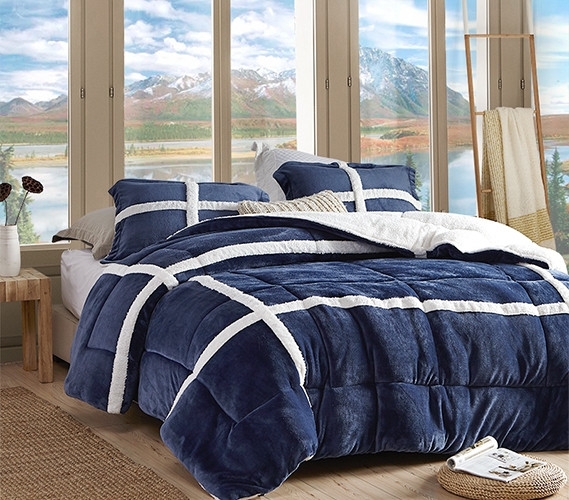 Plush Comforter: Sherpa Grid Lines Overstuffed Loft Navy Sherpa Bedding