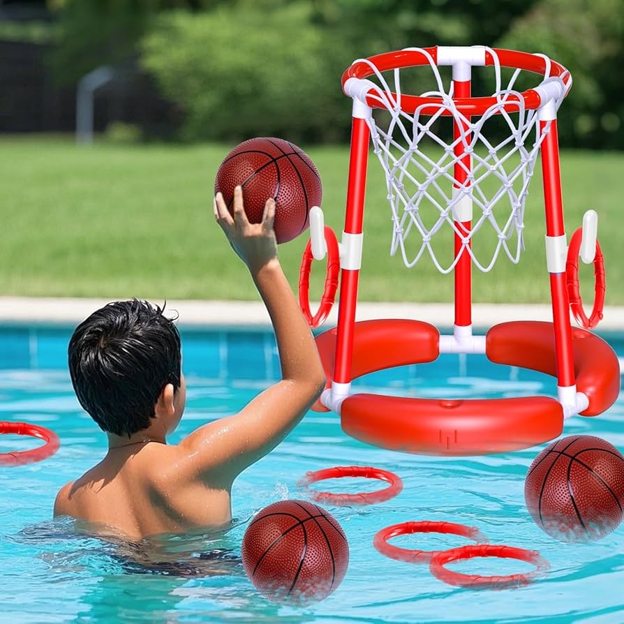 Pool Basketball Hoop Red White Dual Game Kids Summer Swimming Toys