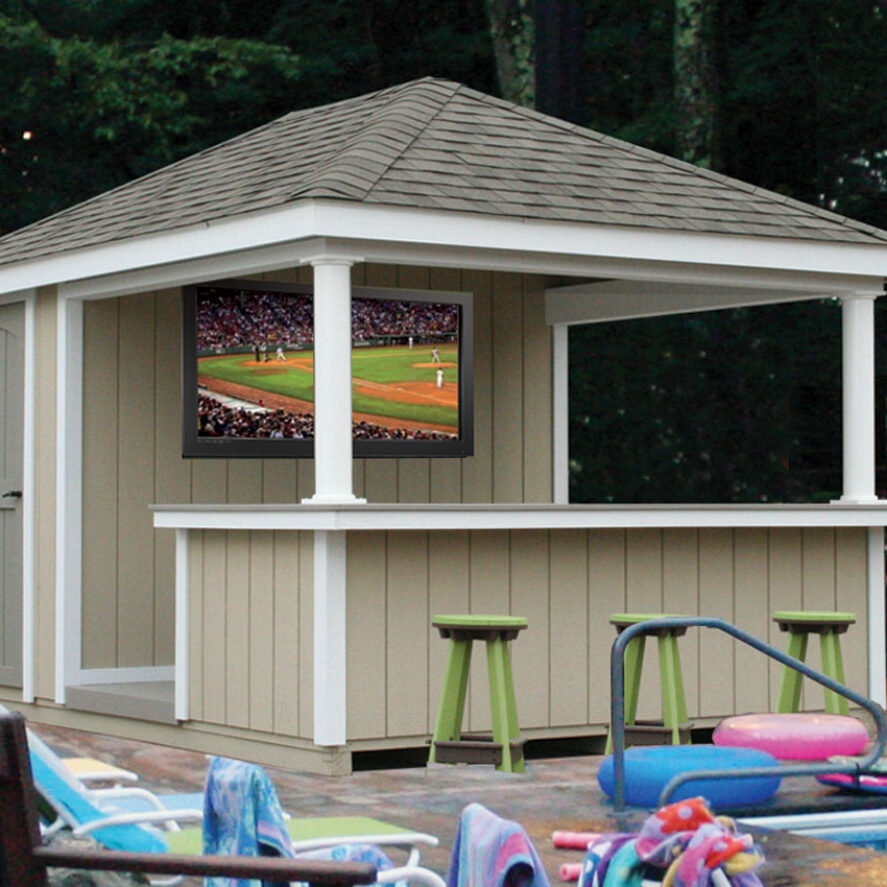 Pool House Bar with White Columns and Vertical Siding
