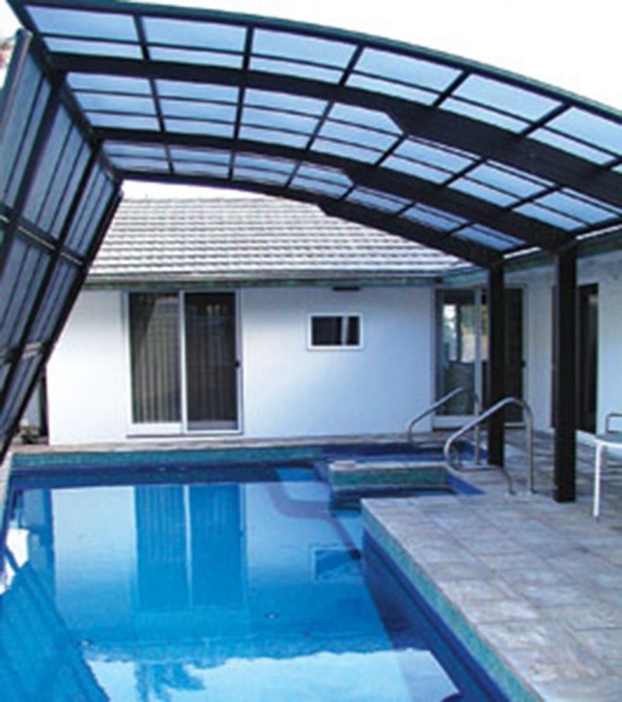Pool Shade Structure Curved Metal Frame Clean Black Canopy