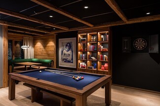 Pool Table: Moody Game Room Design with Black Grid Ceiling