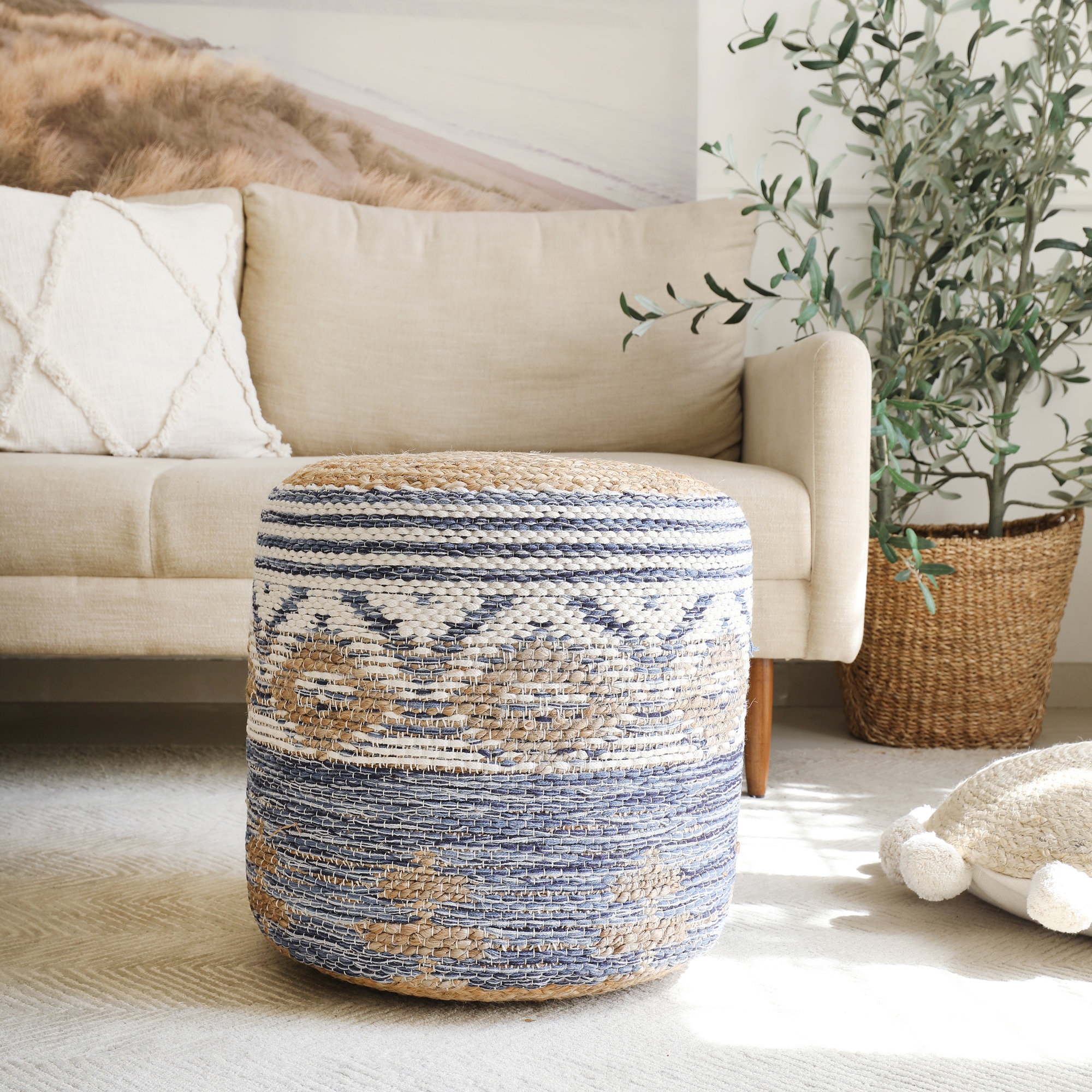 Pouf Ottoman Indigo Geometric Weave Modern Coastal Style