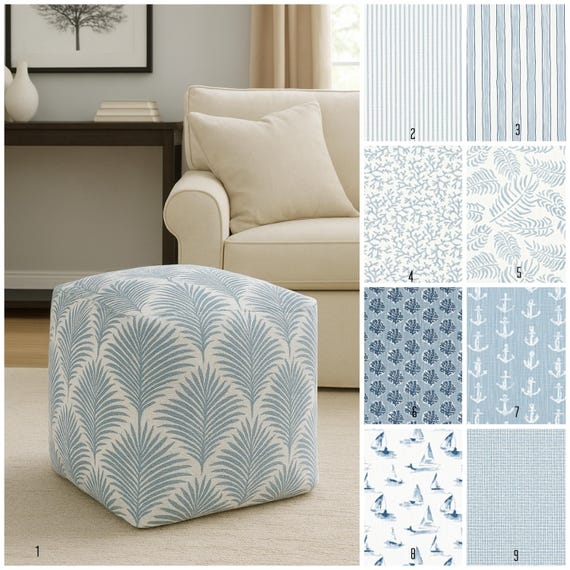 Pouf Ottoman Palm Leaf Print Cube Shape Beach Decor