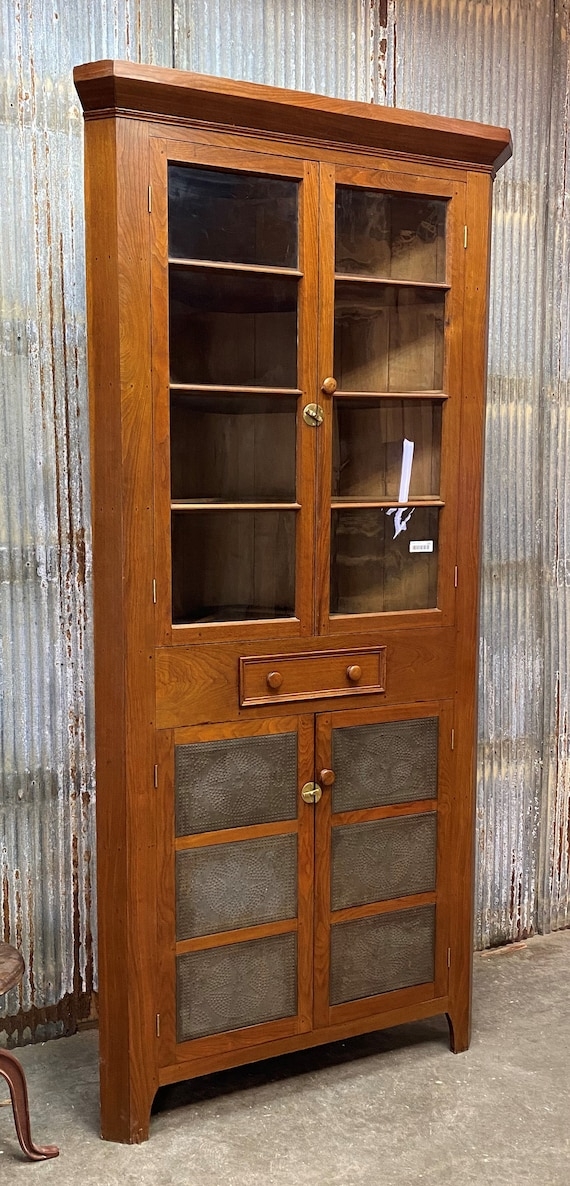 Primitive Corner Cabinet with Rustic Punched Tin Panels