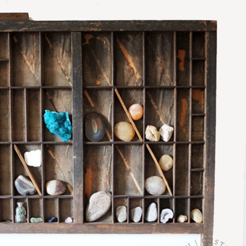 Printers Tray with Distressed Wood Rustic Rock Collection Shelf