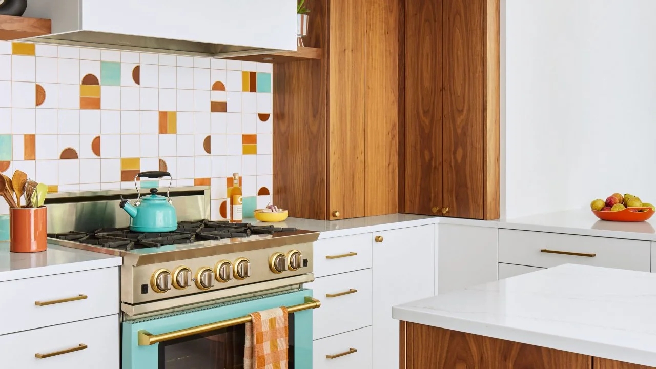Professional Gas Range Teal Oven Finish and Geometric Backsplash