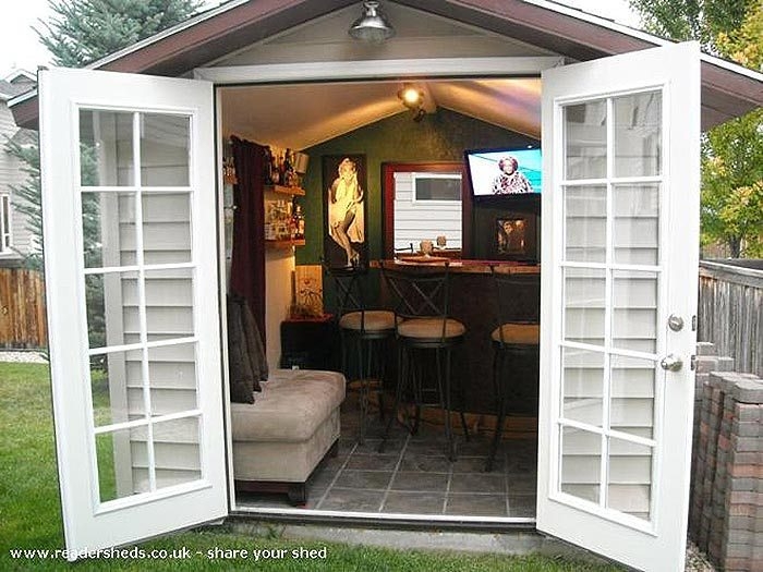 Pub Shed French Doors and Hunter Green Wall Decor