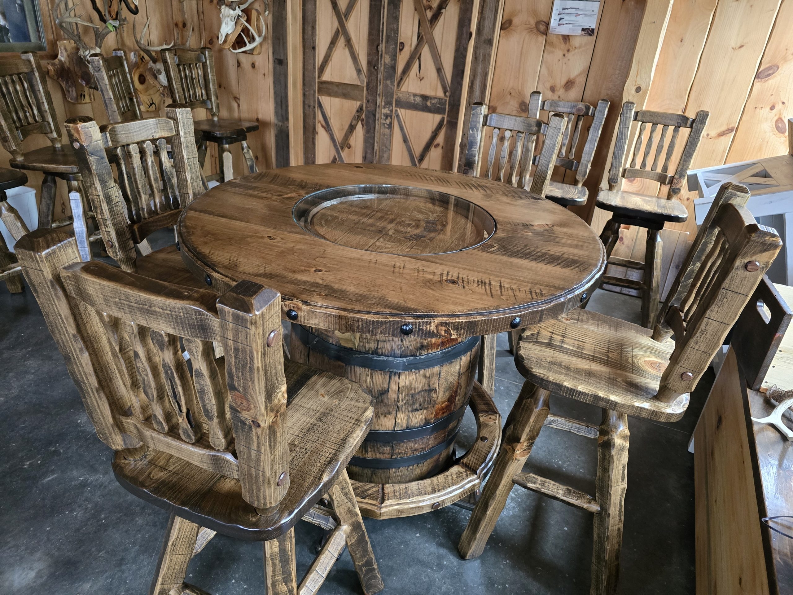 Pub Table Set having Glass Inlay and Slatted Backs