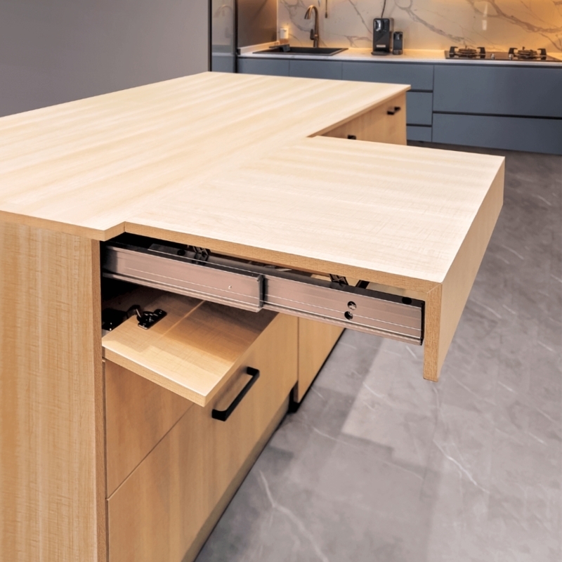 Pull Out Kitchen Table Waterfall Edge Cabinet Design
