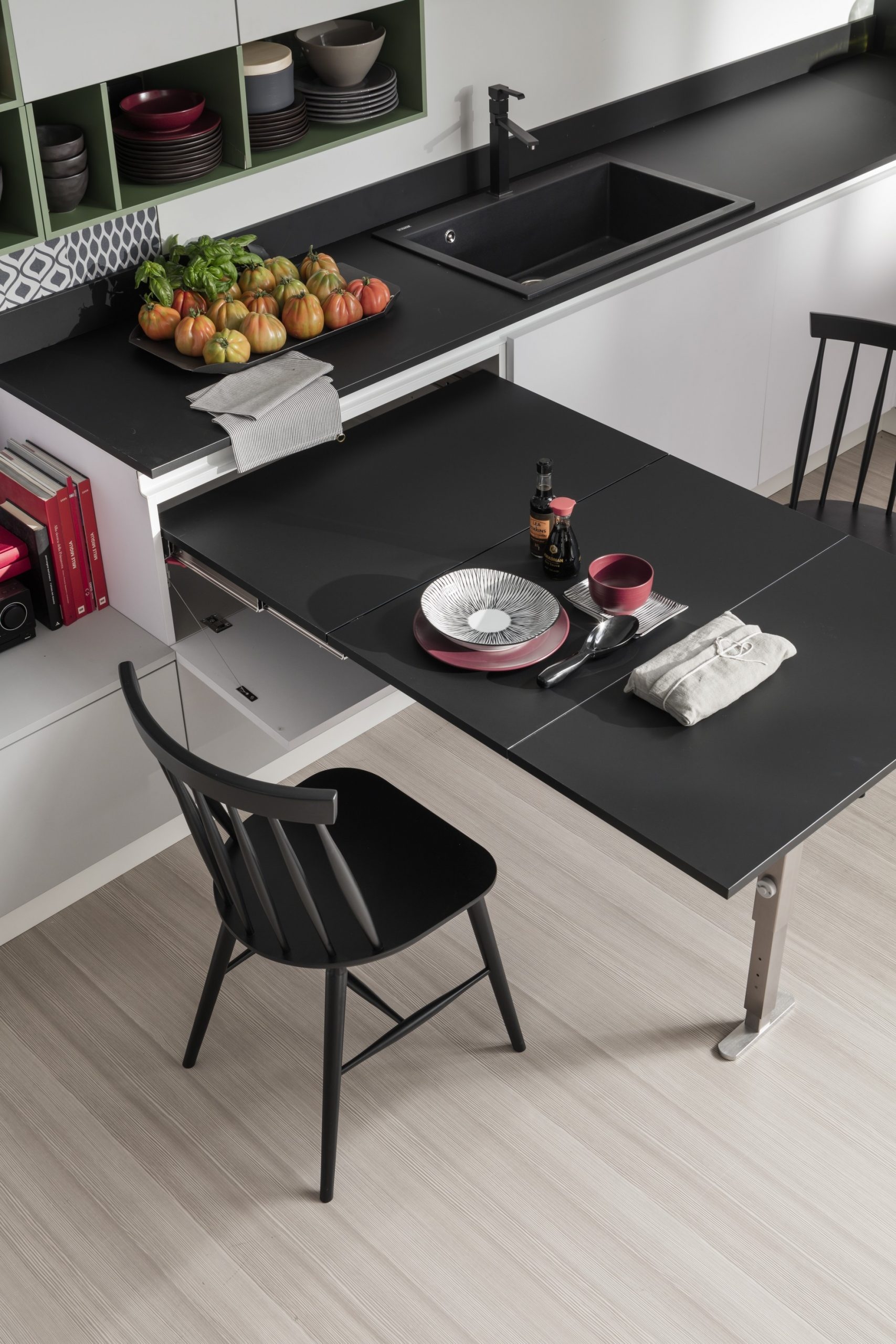 Pull Out Table: Matte Black Kitchen Island with Sliding Mechanism