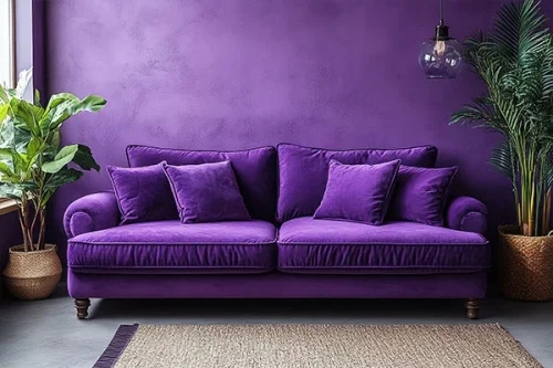 Purple Sofa with Monochrome Styling and Rolled Arms