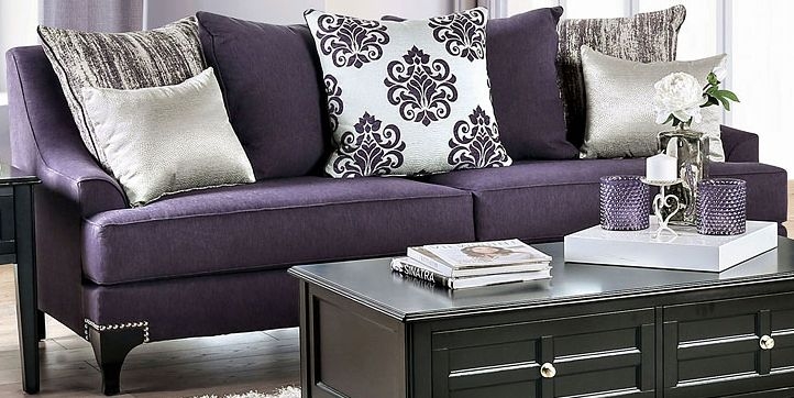 Purple Sofa with Nailhead Trim and Damask Pillows