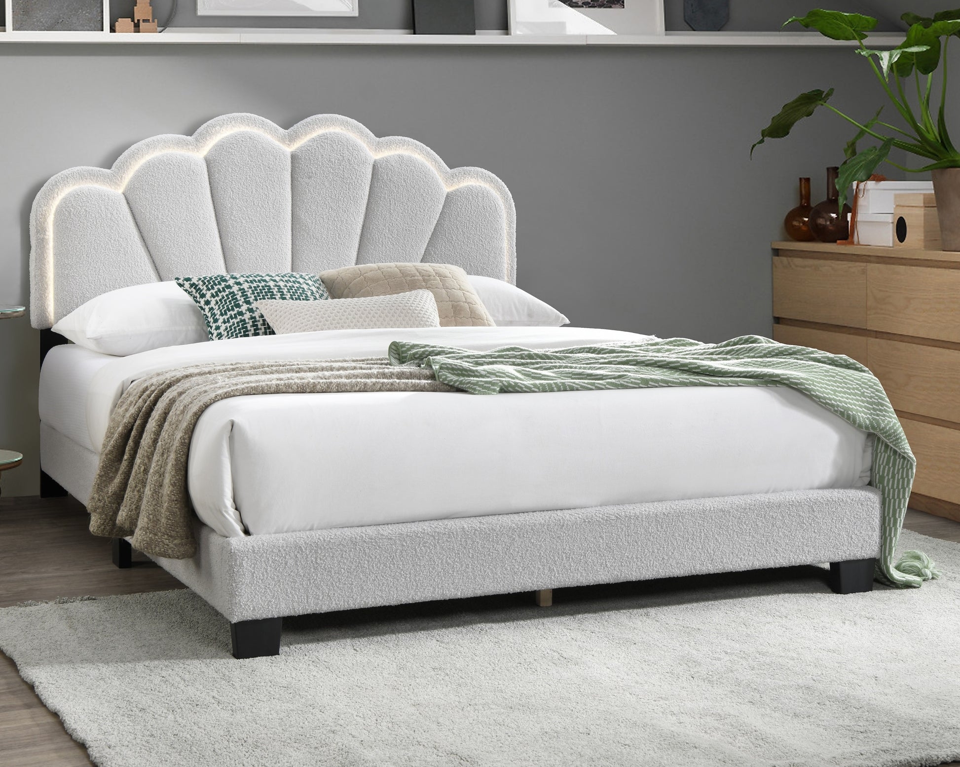 Queen Bed with Integrated LED and White Boucle Texture