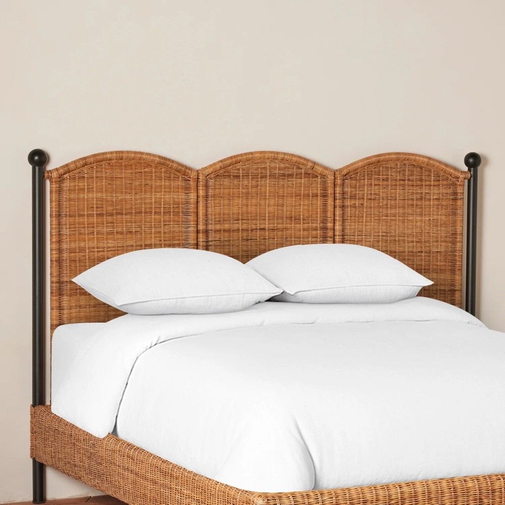 Queen Bed with Triple Scalloped Rattan and Iron Posts