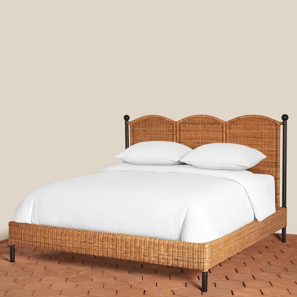 Queen Bed with Woven Rattan Frame and Iron Ball Finials