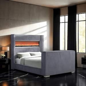 Queen Panel Bed Gray Upholstery Fireplace Footboard