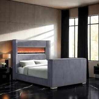 Queen Panel Bed Gray Upholstery Fireplace Footboard