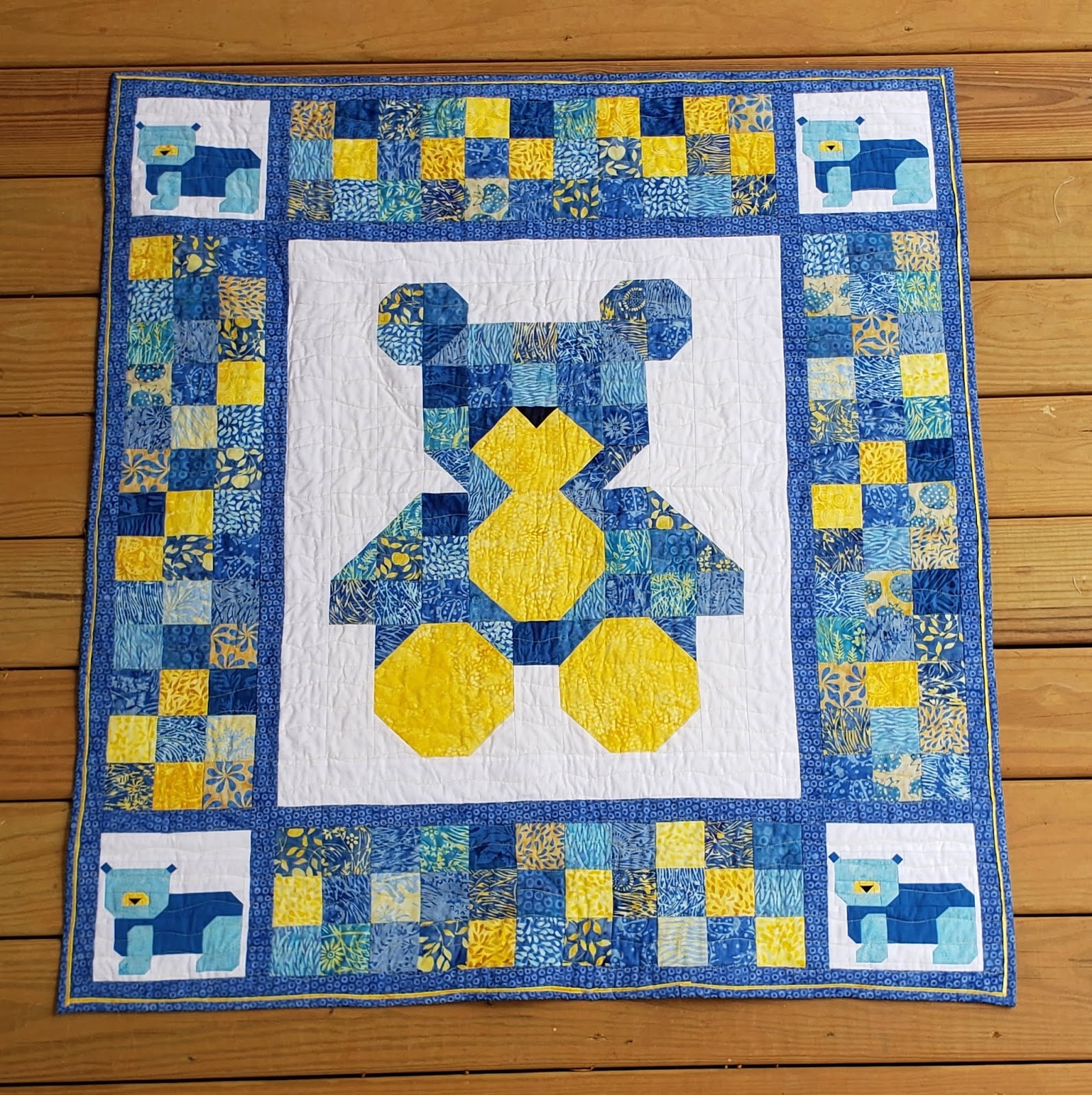 Quilt Batik Patchwork Blue Yellow Contrast Batik Teddy Bear Quilt