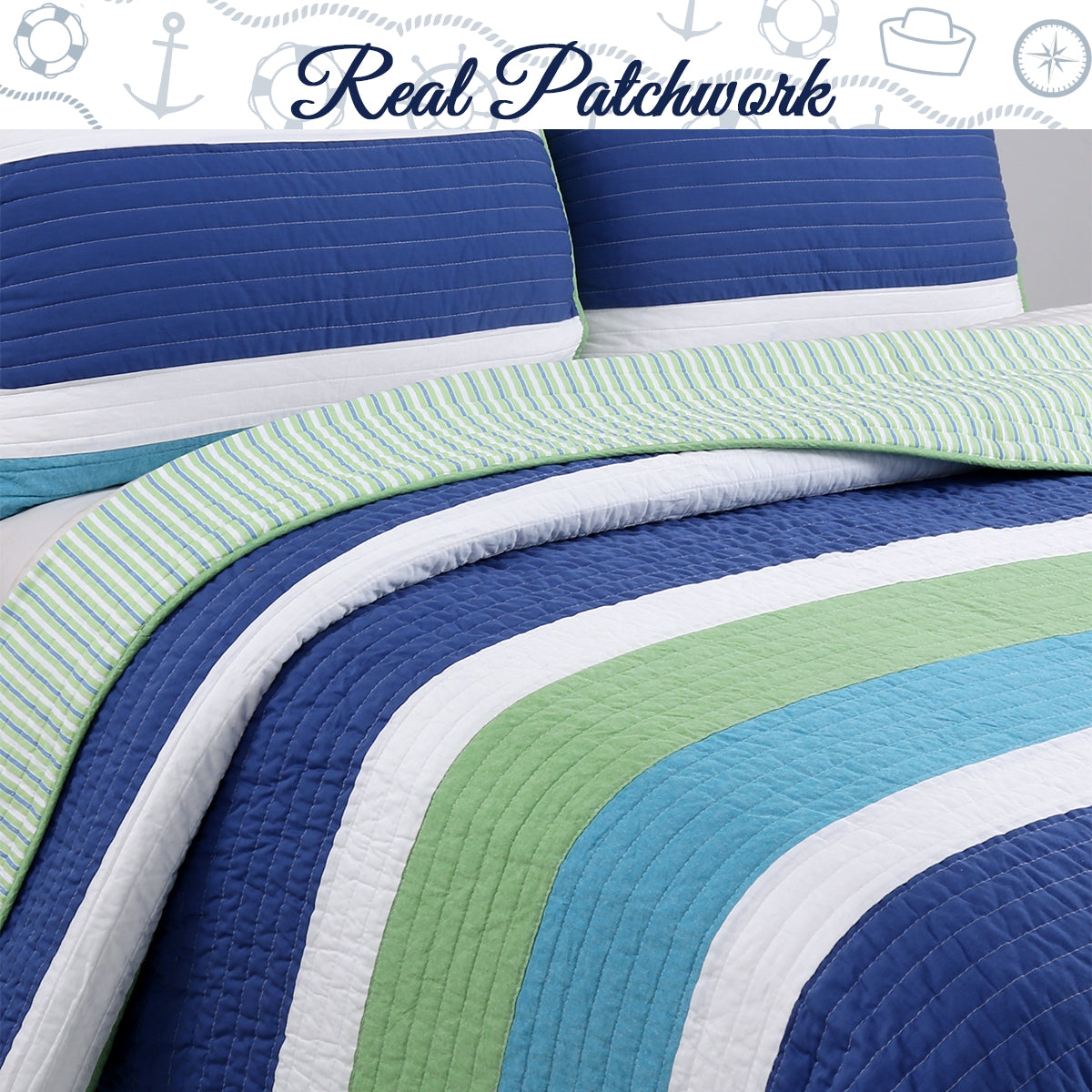 Quilt Bedding Set Real Patchwork Reversible Nautical Style