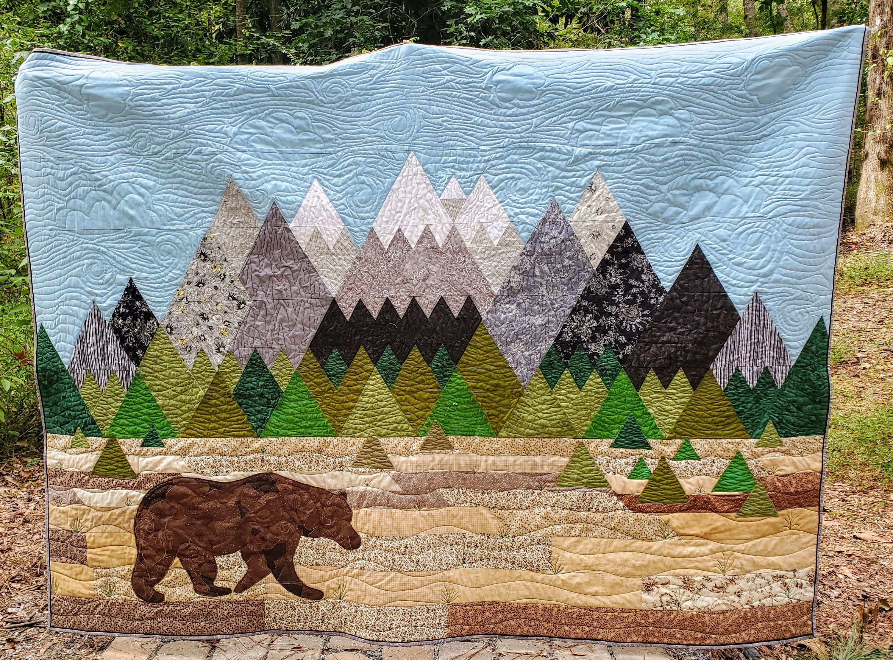 Quilt Mountain Landscape Topographic Stitching Rocky Mountain Bear Quilt