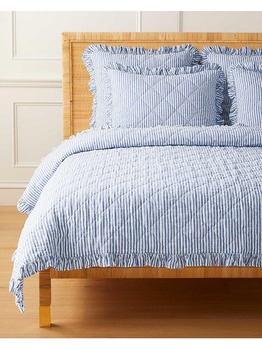 Quilt Set French Blue Ruffled Trim Diamond Bedspread