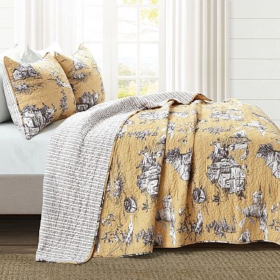 Quilt Set Ochre Yellow Reversible Toile Stripe Print