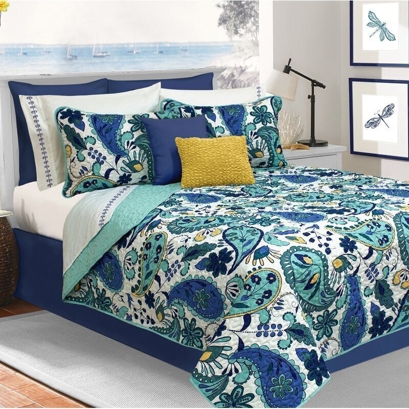 Quilt Set Paisley Pattern Navy Teal Mustard Yellow Accents