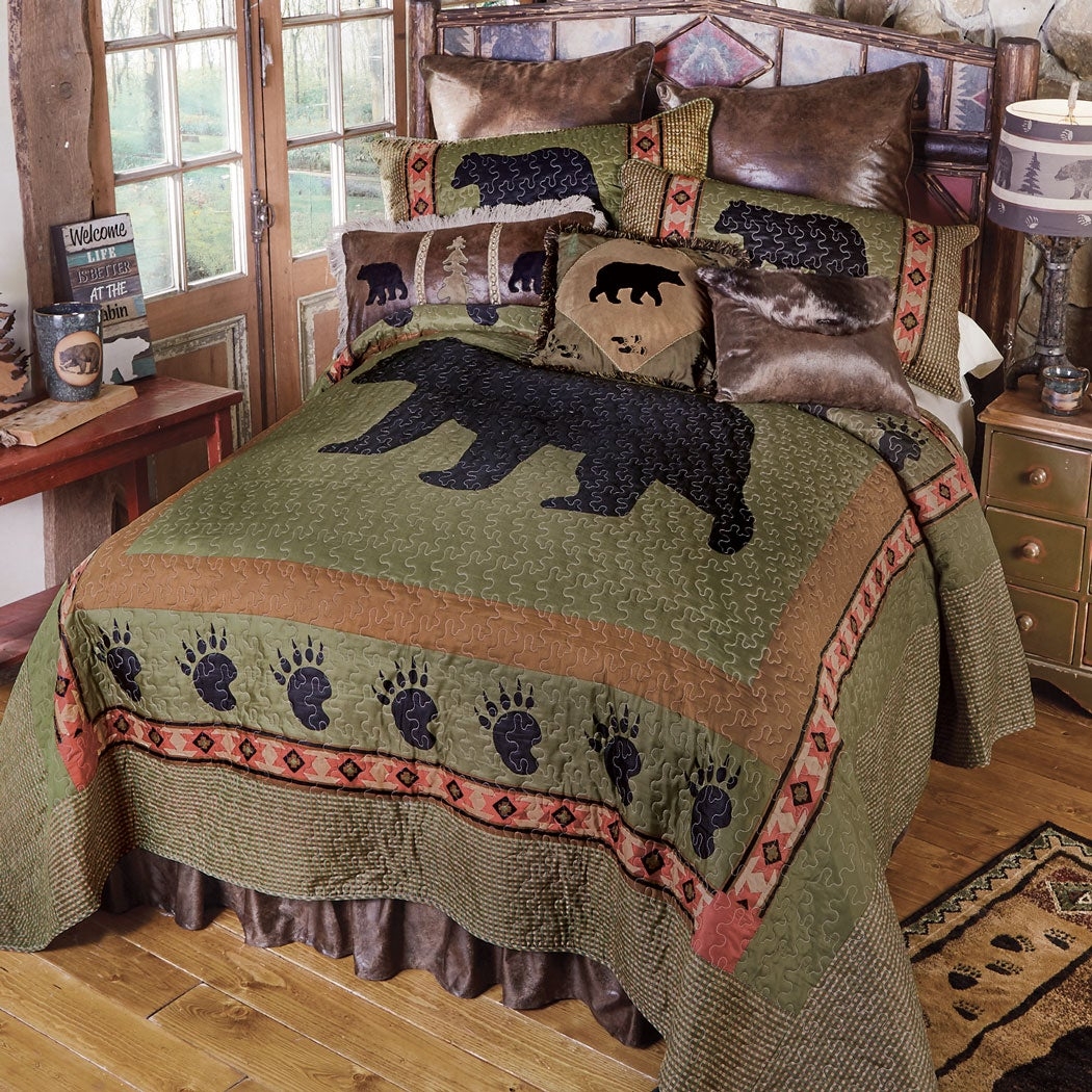 Quilt Set Paw Print Border Bear Silhouette Sage Green Bear Quilt