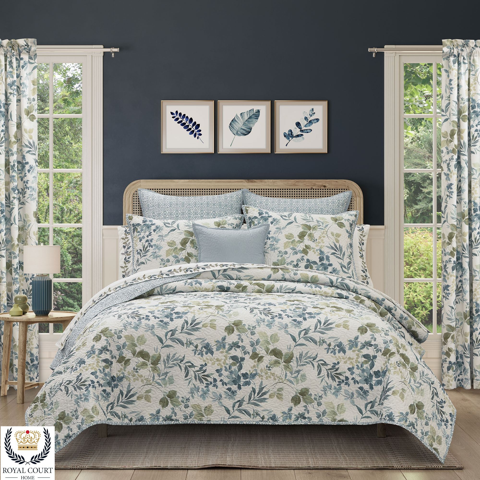 Quilt Set Reversible Botanical Pattern Navy Accent Wall