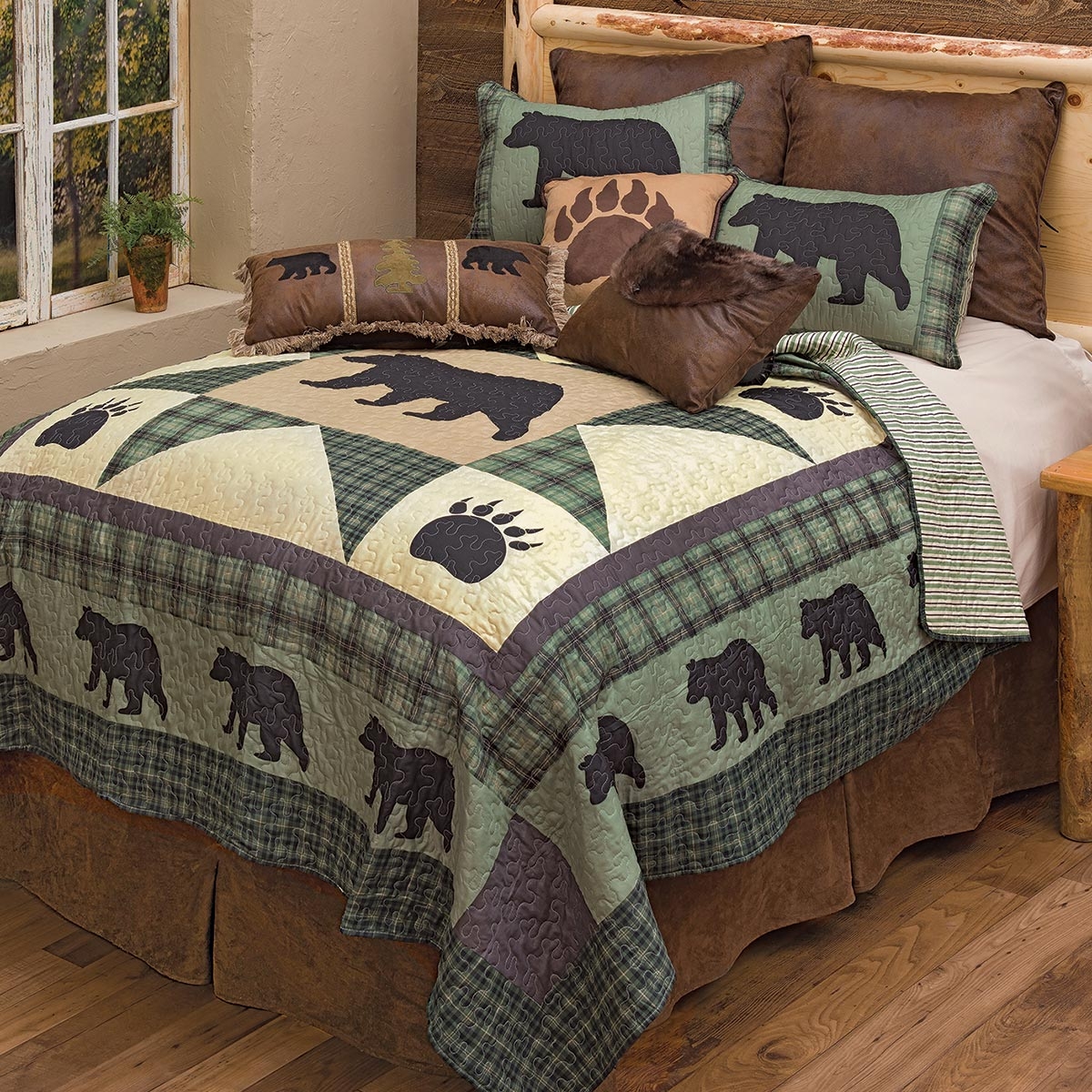 Quilt Set Sage Green Plaid Patchwork Sage Forest Bear Quilt