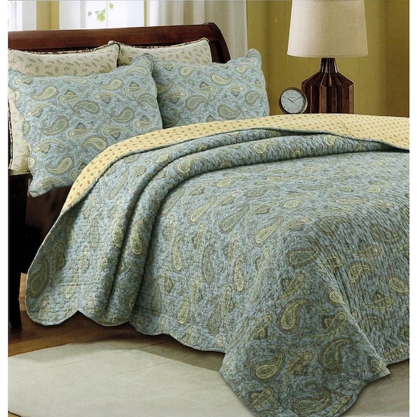 Quilt Set Scalloped Edge Paisley Blue Green Reversible Set