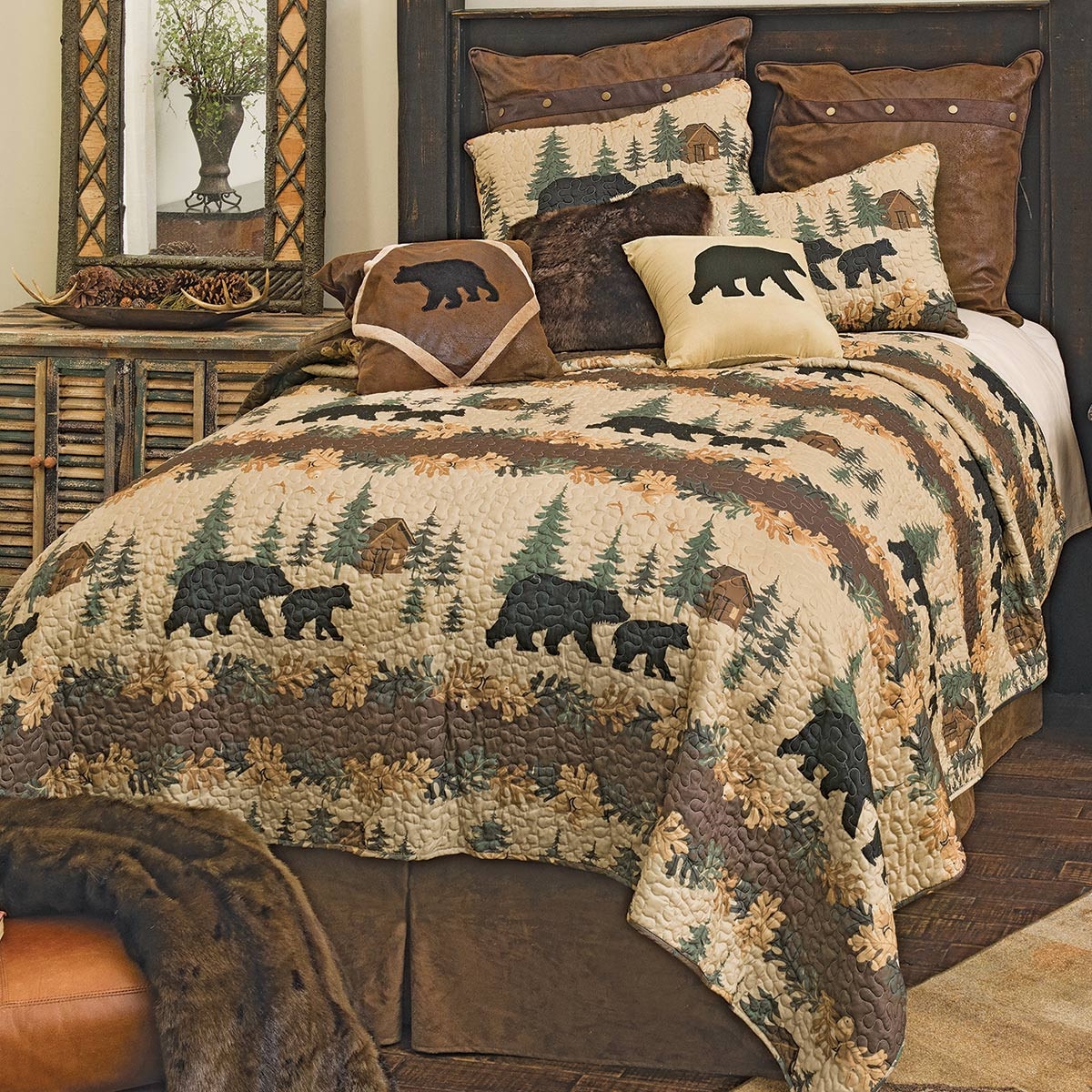Quilt Set Scalloped Quilt Border Cabin Pattern Rustic Bear Quilt