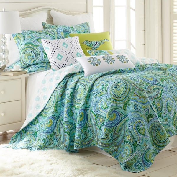 Quilt Set Teal Paisley Pattern Lime Green Quilted Texture