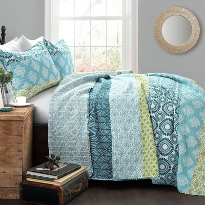 Quilt Set Vertical Stripe Pattern Teal Mixed Geometric Print
