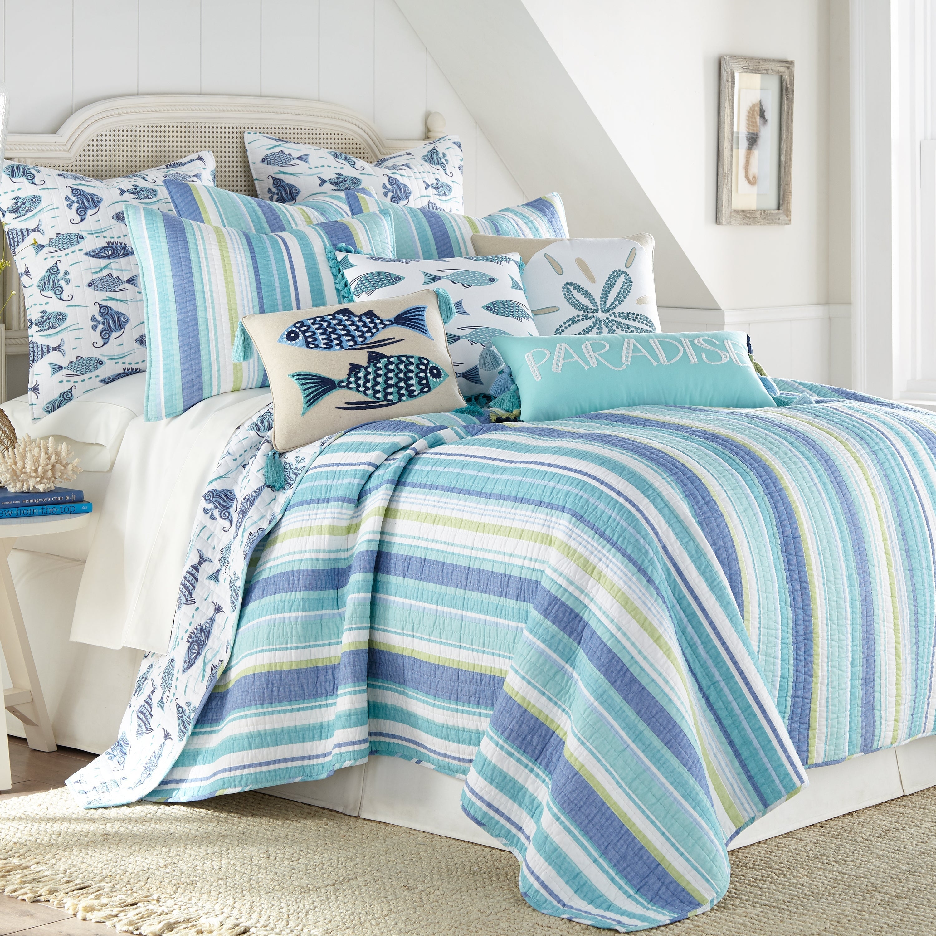 Quilt Set with Fish Motif Tassel Accents and Stripes