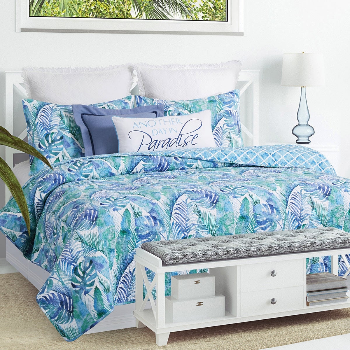 Quilt Set with Palm Leaf Print and Tropical Bedding