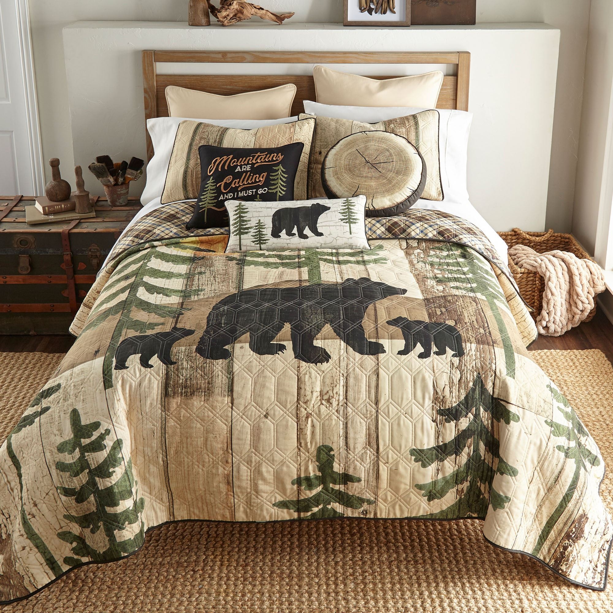 Quilt Set Wood Grain Print Hexagonal Quilting Lodge Style Decor