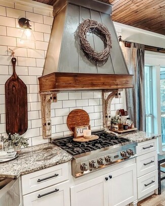 Range Hood Mixed Material Hood Distressed Wood Corbels