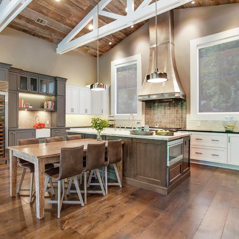 Range Hood Tapered Metal Hood Wood Plank Ceiling Design