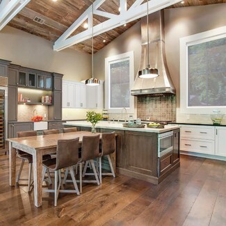 Range Hood Tapered Metal Hood Wood Plank Ceiling Design