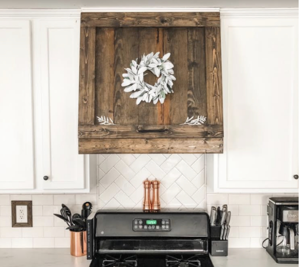 Range Hood Walnut Stained Vent Hood Herringbone Backsplash