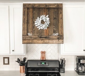 Range Hood Walnut Stained Vent Hood Herringbone Backsplash