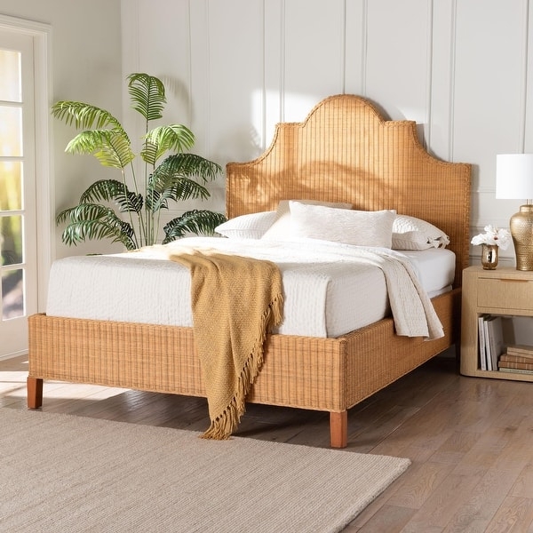 Rattan Bed with Scalloped Woven Texture for Coastal Boho