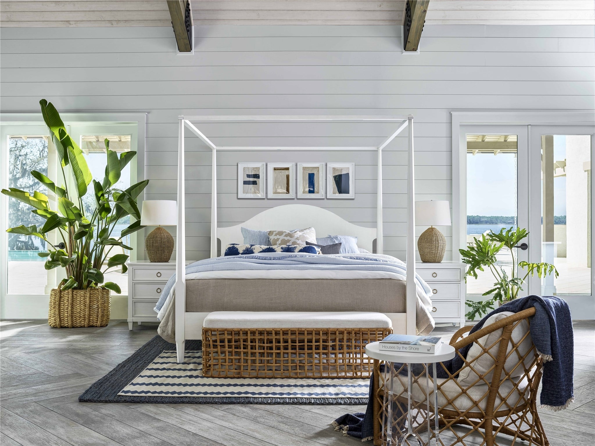 Rattan Bench with Woven Base and White Upholstered Cushion