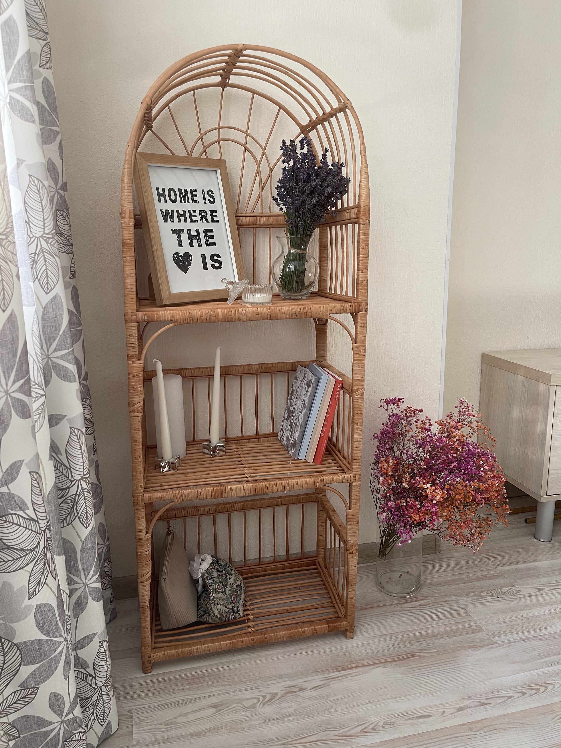 Rattan Bookcase Arched Top Three Tier Natural Storage