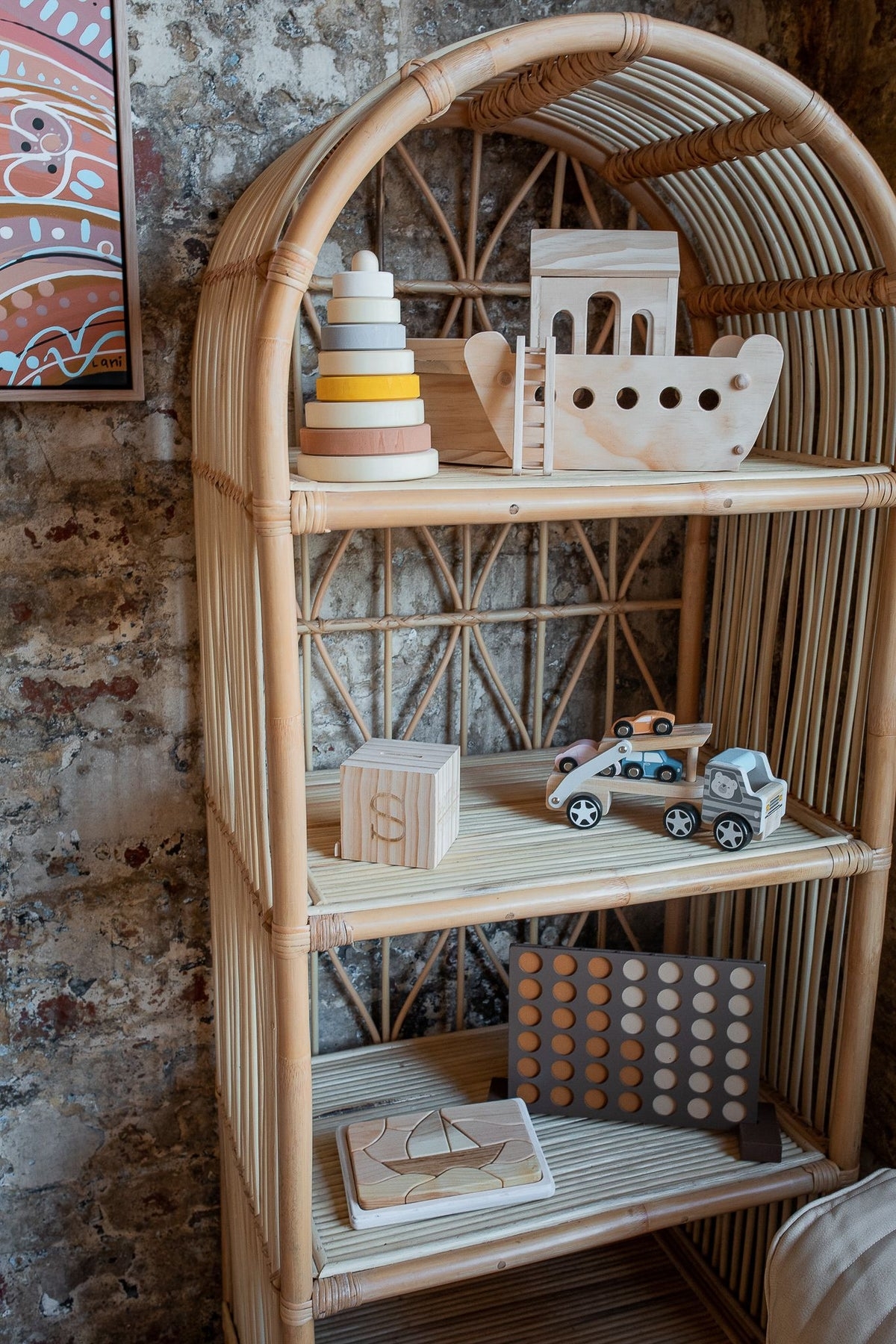 Rattan Bookshelf Open Hutch Arched Top Nursery Style