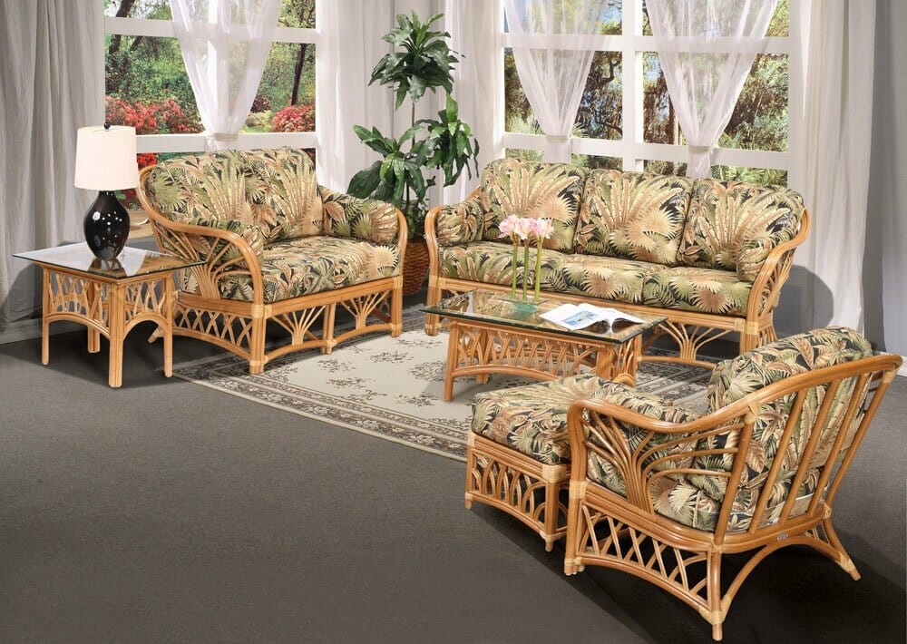Rattan Living Room Set with Lattice Base and Palms